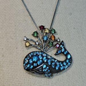 Sterling Silver Whale Pendant Genuine Topaz Stones w/20.5" Box Chain